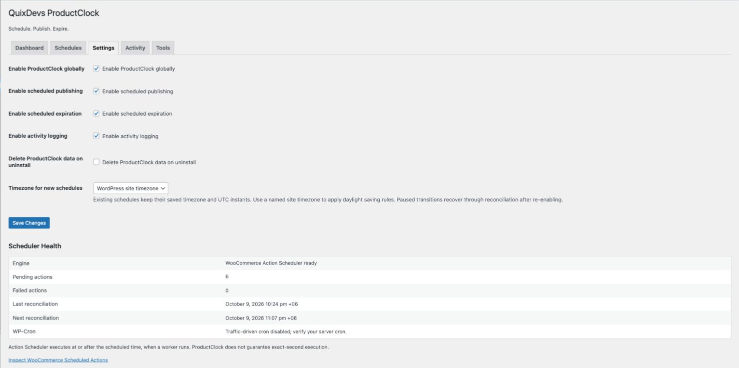 ProductClock settings showing publishing, expiration and logging switches, uninstall data removal disabled, and site timezone selected