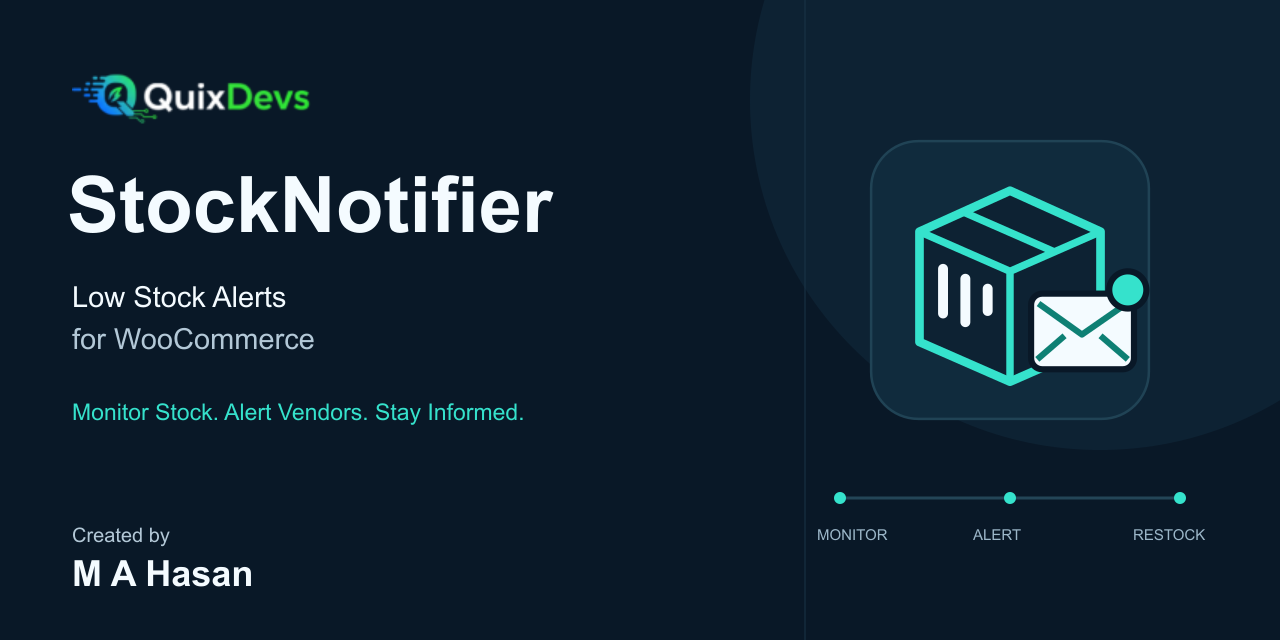 QuixDevs StockNotifier — Low Stock Alerts for WooCommerce, with the supplied QuixDevs logo and inventory/email mark