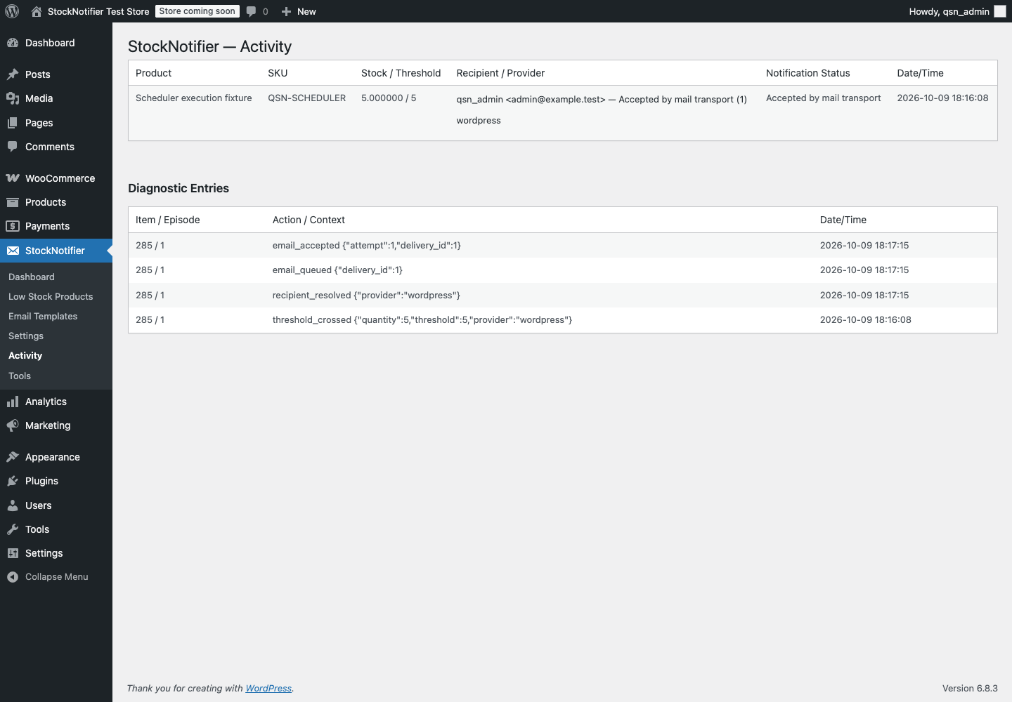 StockNotifier activity screen showing alert episodes, per-recipient outcomes and private diagnostics