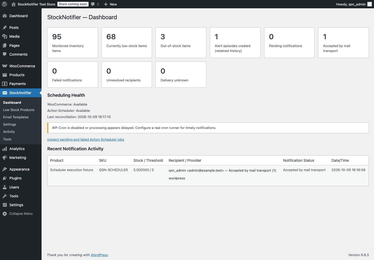 StockNotifier dashboard with inventory totals, recipient outcomes, scheduling health and recent activity