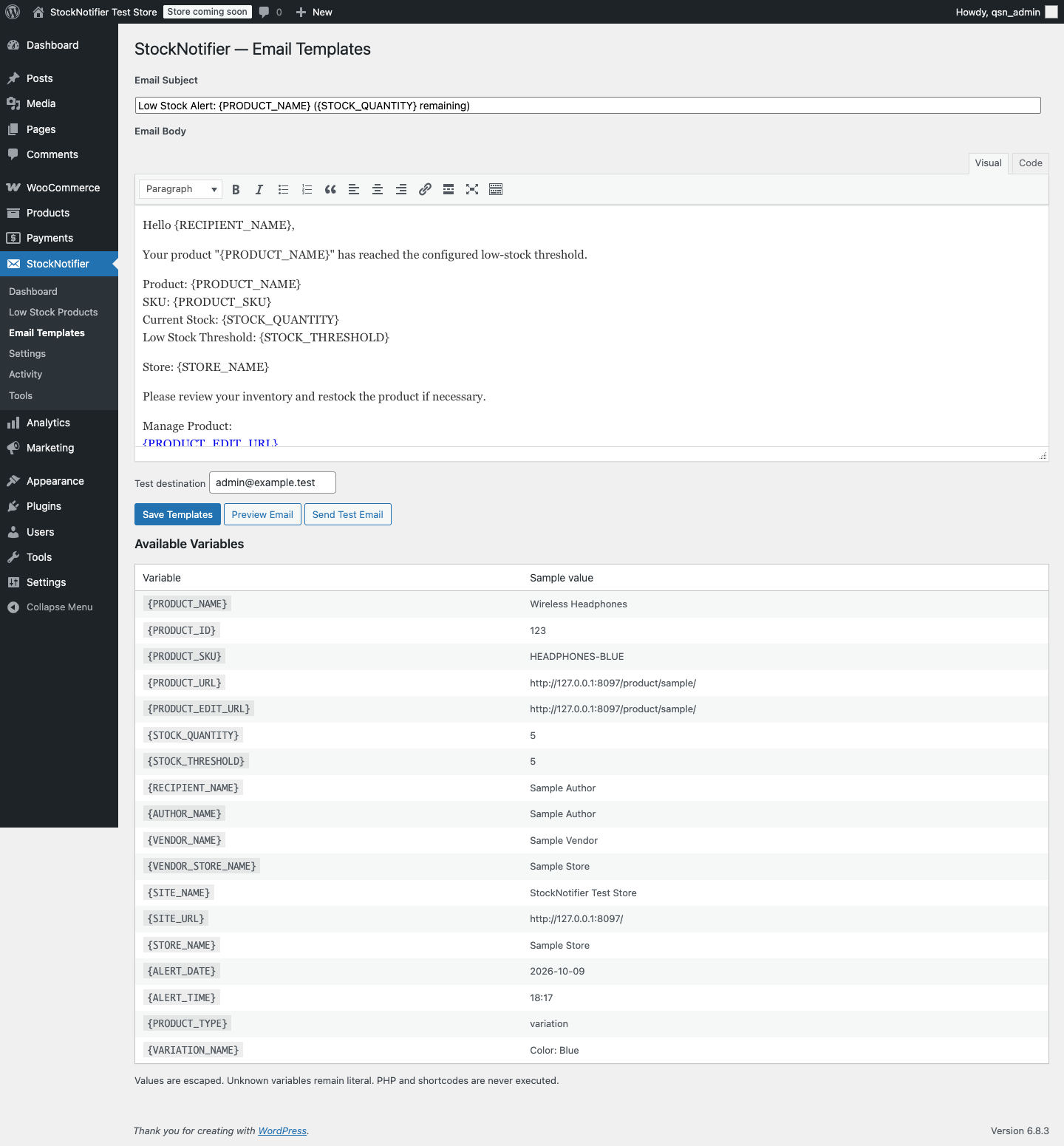 Email Templates screen with subject, native rich-text editor, variable reference and synthetic preview