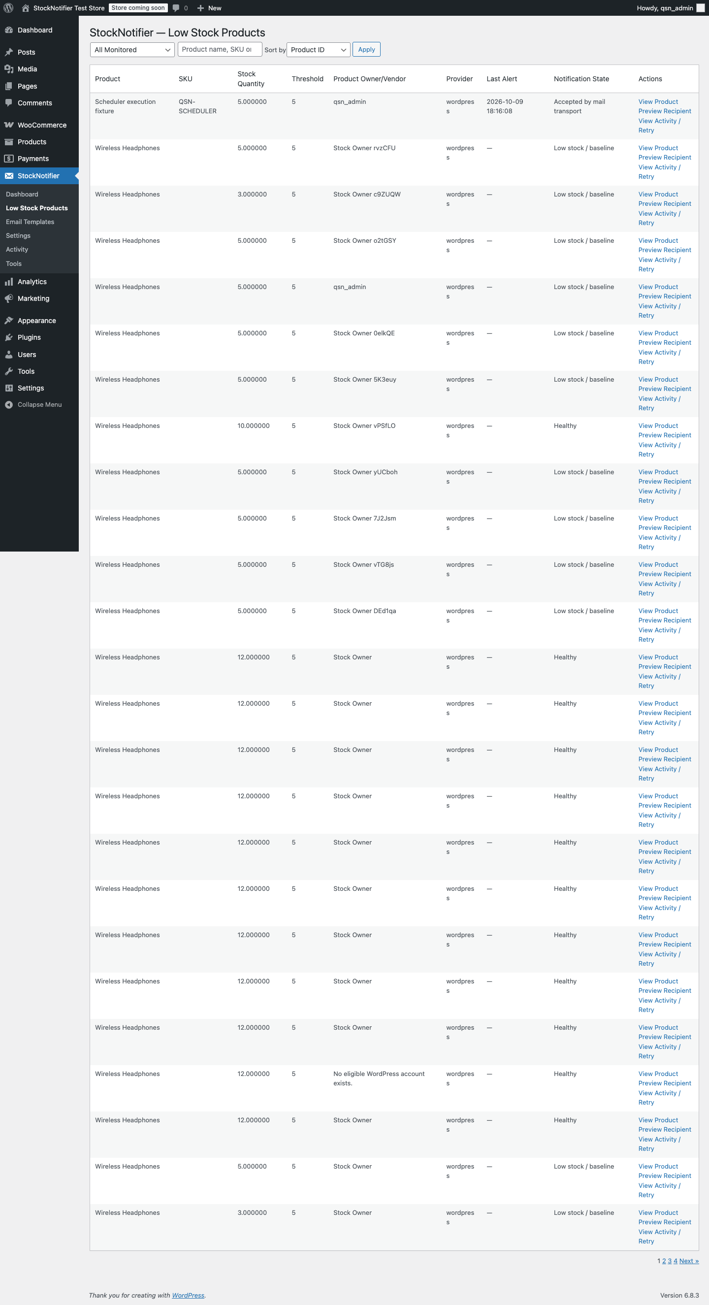 Paginated low-stock products table with stock quantities, thresholds, ownership, provider and notification state