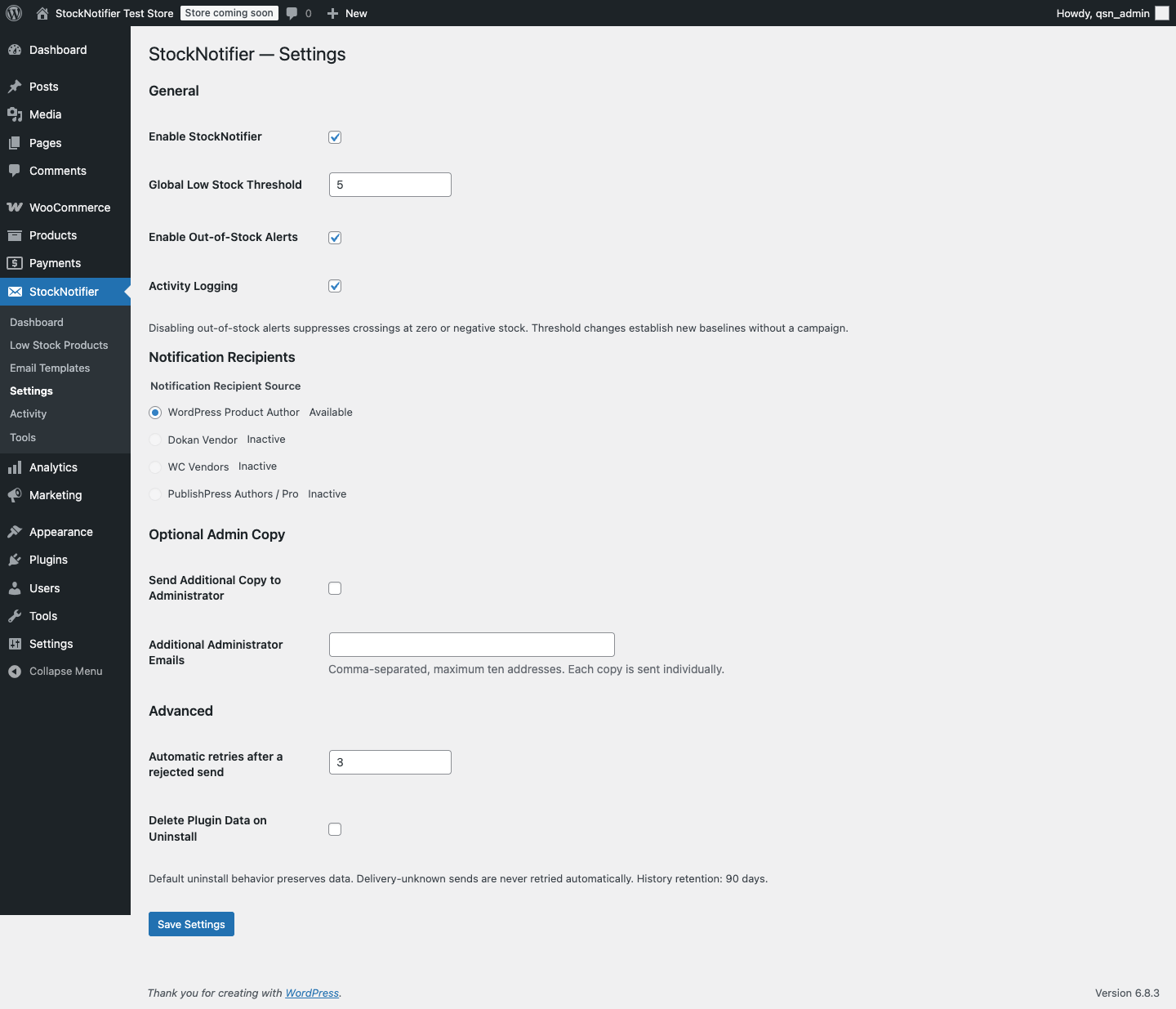 StockNotifier settings with a native numeric threshold, one explicit recipient provider, optional administrator copies and uninstall retention