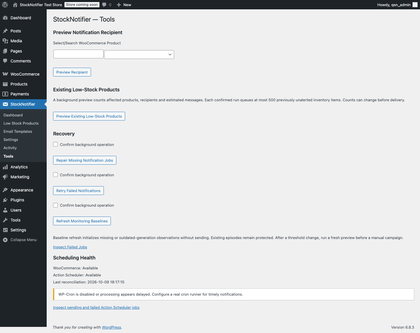 StockNotifier tools with private recipient preview, existing-stock preview, repair, retry and baseline controls