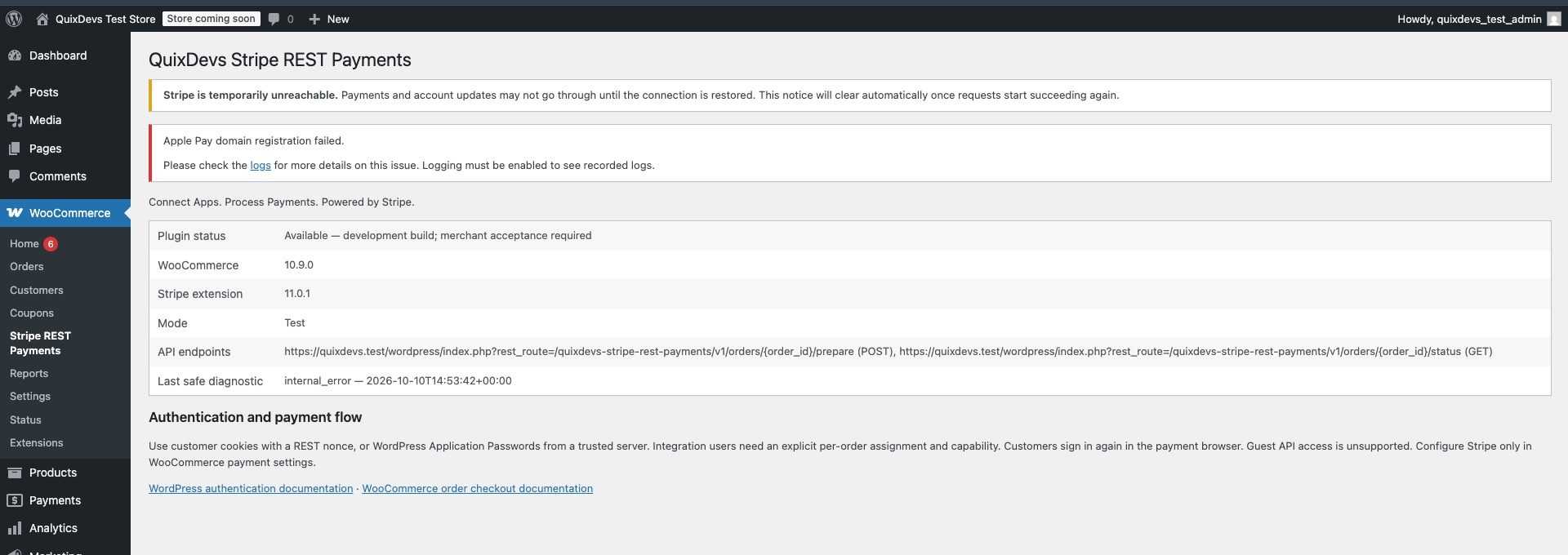 Native WooCommerce Stripe REST Payments page showing dependency versions, test mode, API routes and authentication guidance