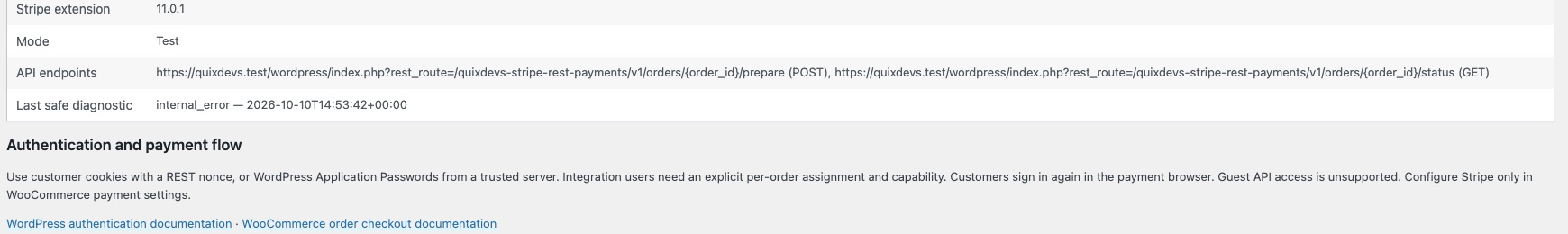 Detail of the test-mode configuration and last safe diagnostic category and timestamp