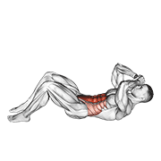 Sit-up demonstration showing knees bent at 90 degrees, hands behind head/chest, full torso rise to knees, and controlled lowering
