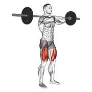 Front squat demonstration showing the bar on the front shoulders, high elbows, upright torso, and balanced full-foot pressure