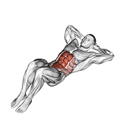 Abdominal crunch demonstration showing knees bent, hands supporting head lightly, lower back flat, and shoulder blades lifting off mat