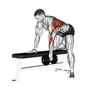 Single-arm dumbbell row demonstration with knee and hand supported on flat bench pulling dumbbell toward hip