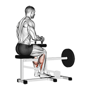 Seated calf raise demonstration showing pad locked over lower thighs, 90-degree knees, deep stretch below step, and peak ankle extension