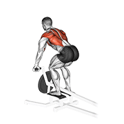 Landmine T-Bar row demonstration straddling anchored barbell with close parallel handle pulling weight plates to lower ribs