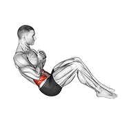 Russian twist with a controlled reclined torso, bent knees, ribs and shoulders rotating together, and no arm-only swinging