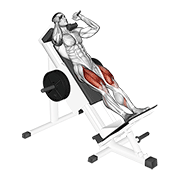 Hack squat machine demonstration showing back and shoulders supported, stable foot placement, controlled knee flexion, and smooth sled drive