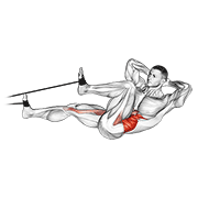 Bicycle crunch with shoulder blades lifted, opposite rib cage rotating toward the knee, one leg extended, and no pulling on the neck