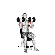 Seated Arnold press demonstration starting with palms facing chest and rotating dumbbells overhead