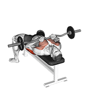 Close-grip barbell bench press showing shoulder-width grip, stable upper back, controlled elbow path, chest touch, and press to extension