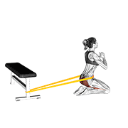 Hip thrust demonstration with upper back supported on a bench, feet planted, hips extending upward, and a controlled neutral top position