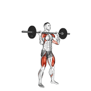 Thruster demonstration showing a front-rack squat, powerful leg drive, smooth transition into an overhead press, and stable full-body finish
