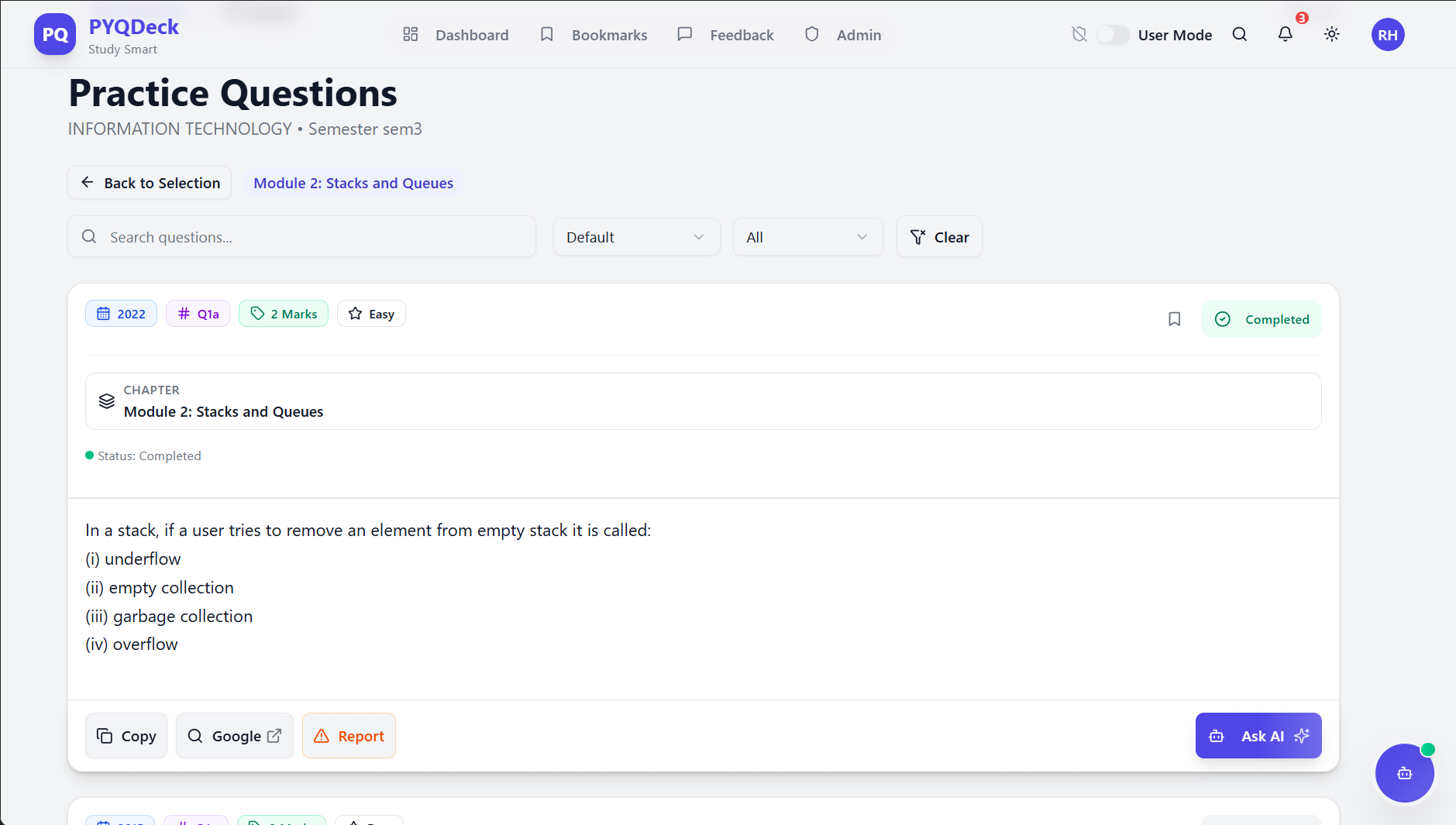PYQDeck Practice Question – Example of a Computer Science MCQ on stack underflow,