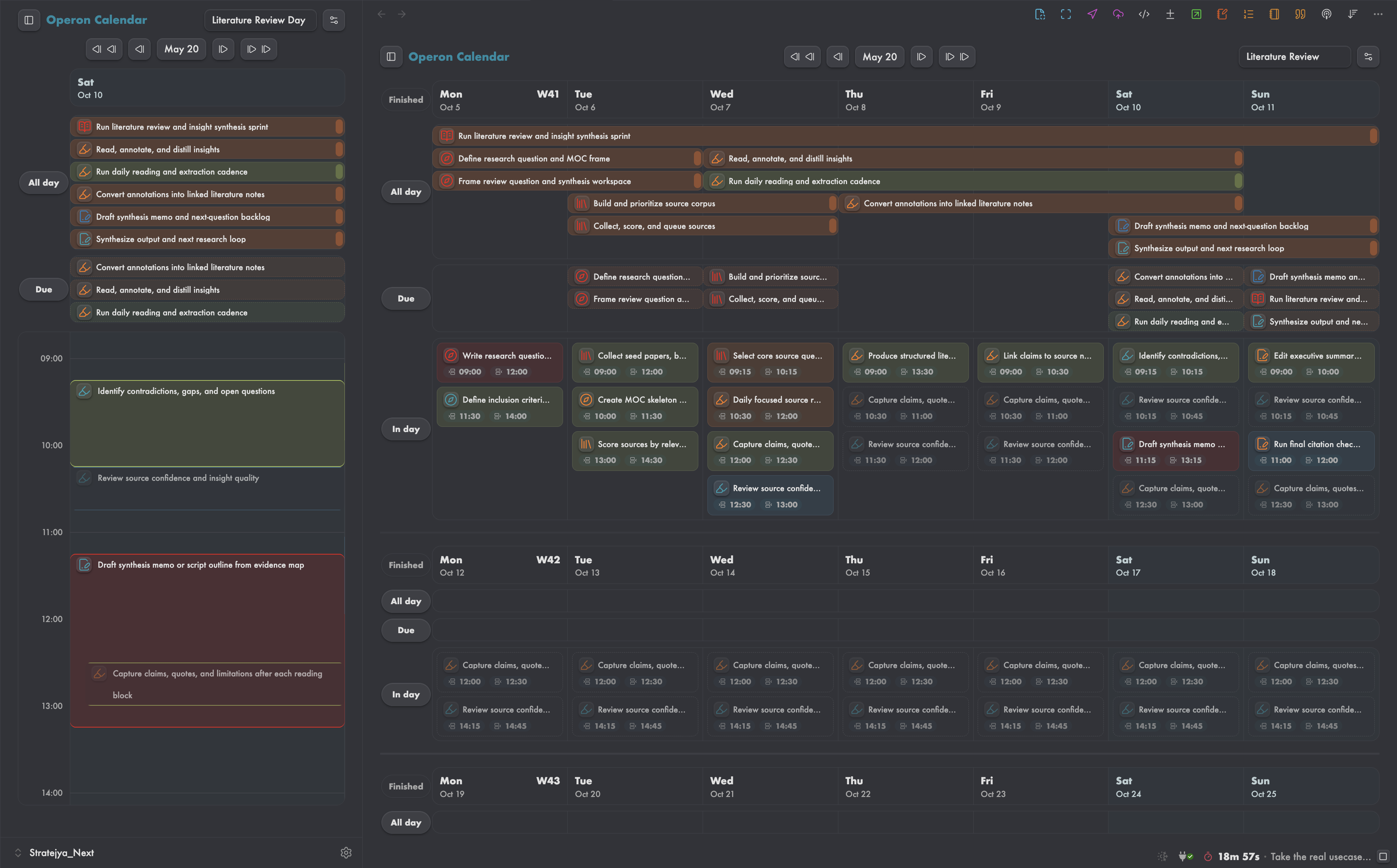 Real Operon Calendar workflow showing day planning, multi-week context, task pools, and scheduled work