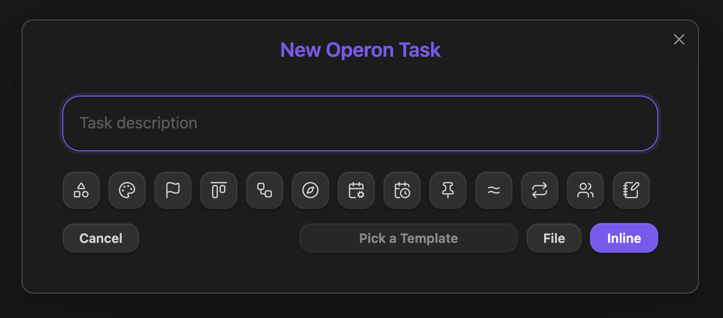 Task Creator showing inline/file mode, metadata fields, recurrence, parent task, and pinned state