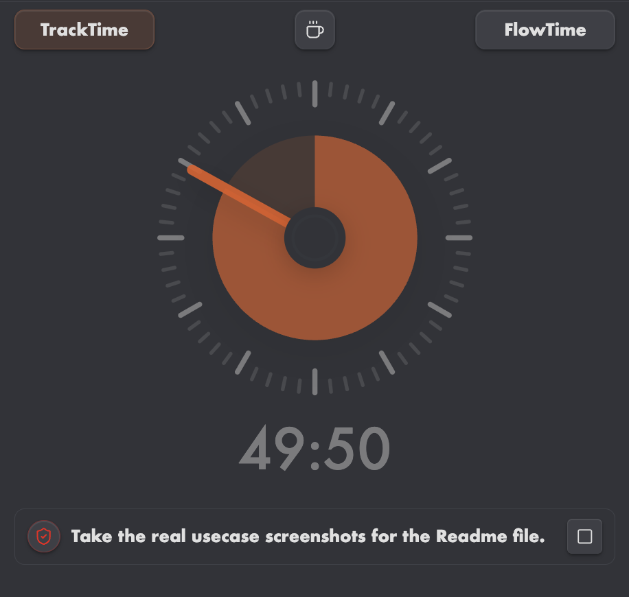 TrackTime and FlowTime panel showing an active timed or focused task session