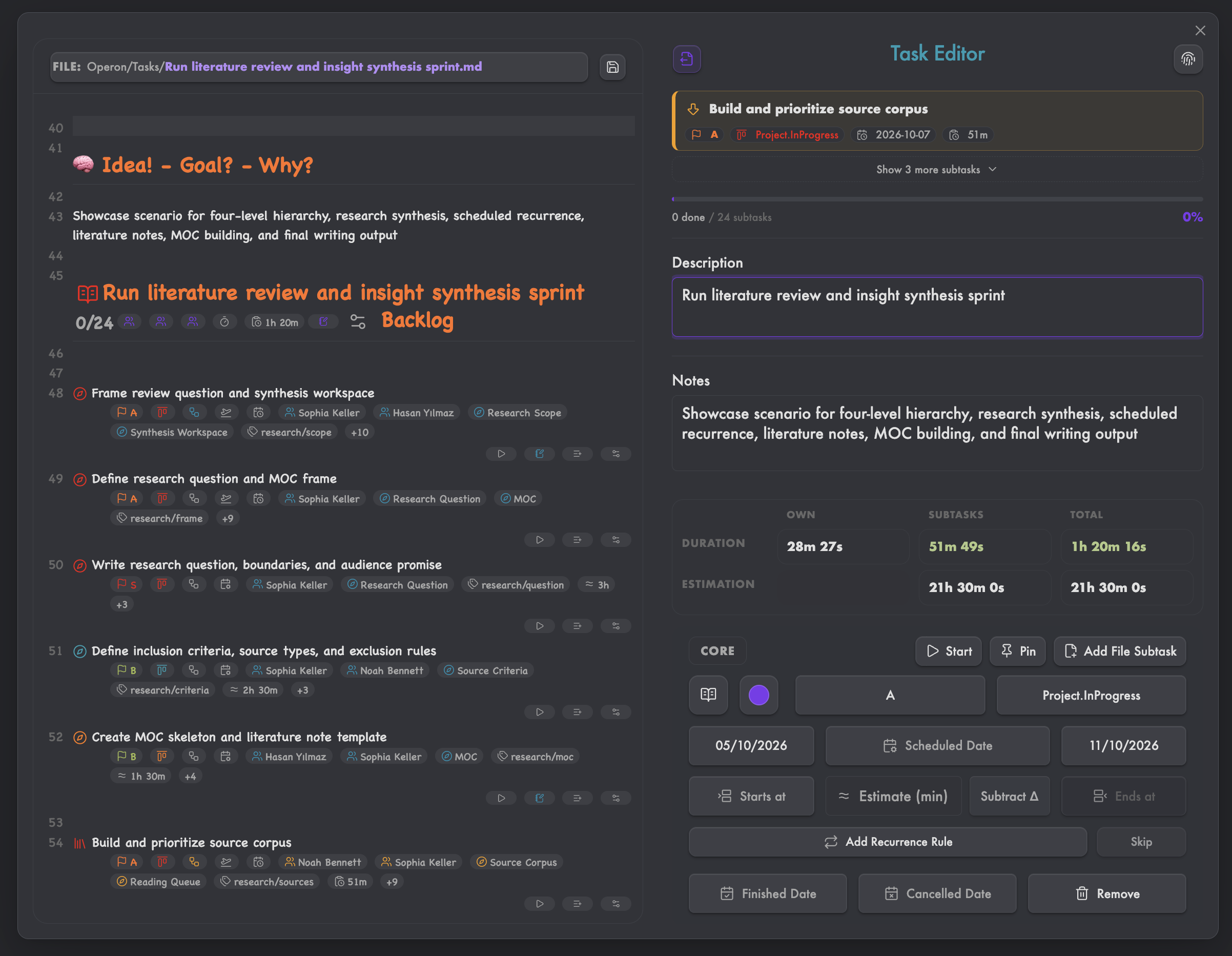 Task Editor split view with Markdown file body on the left and canonical task fields on the right