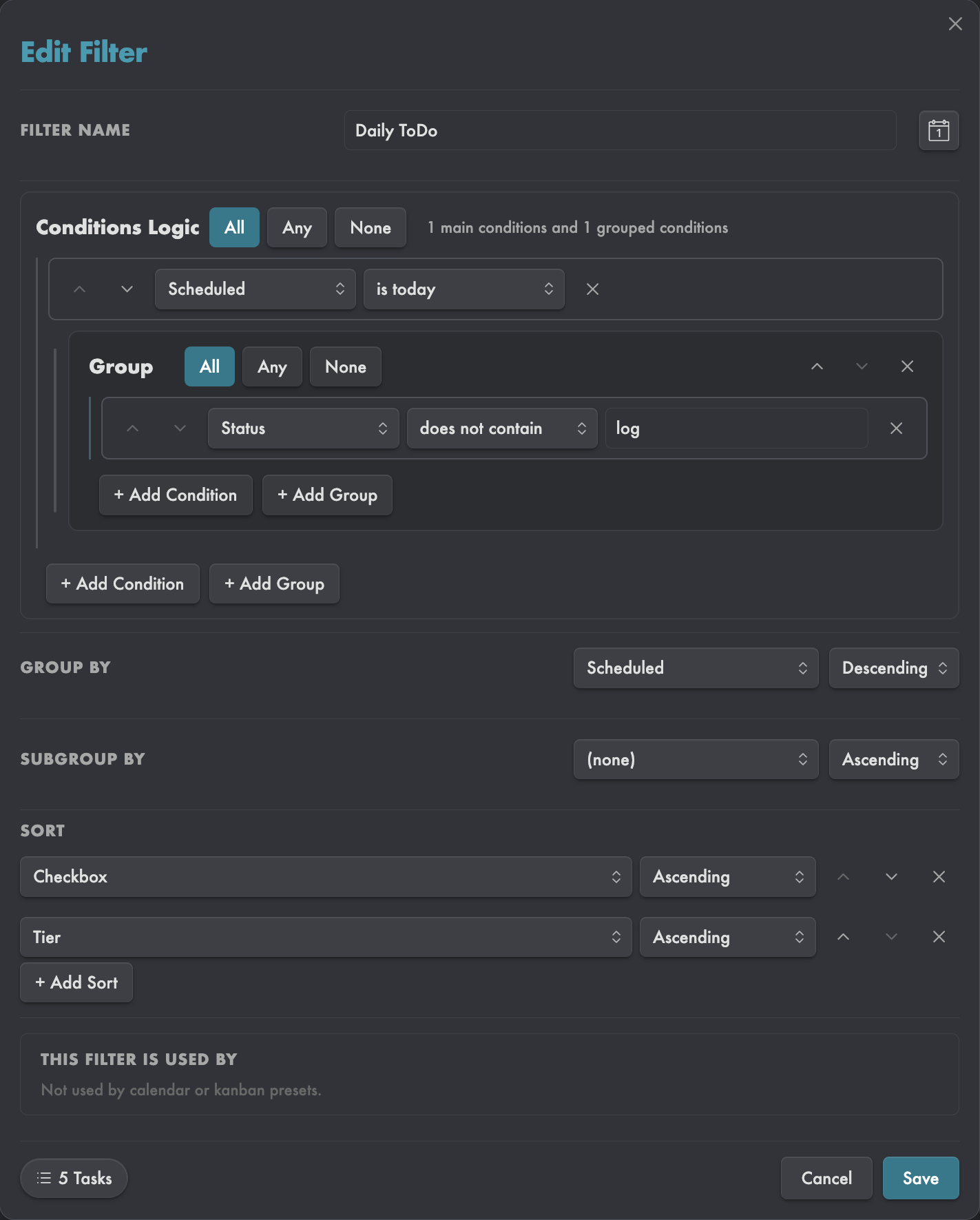 Filter builder showing conditions, logic groups, sort/group controls, and reusable Filter View results
