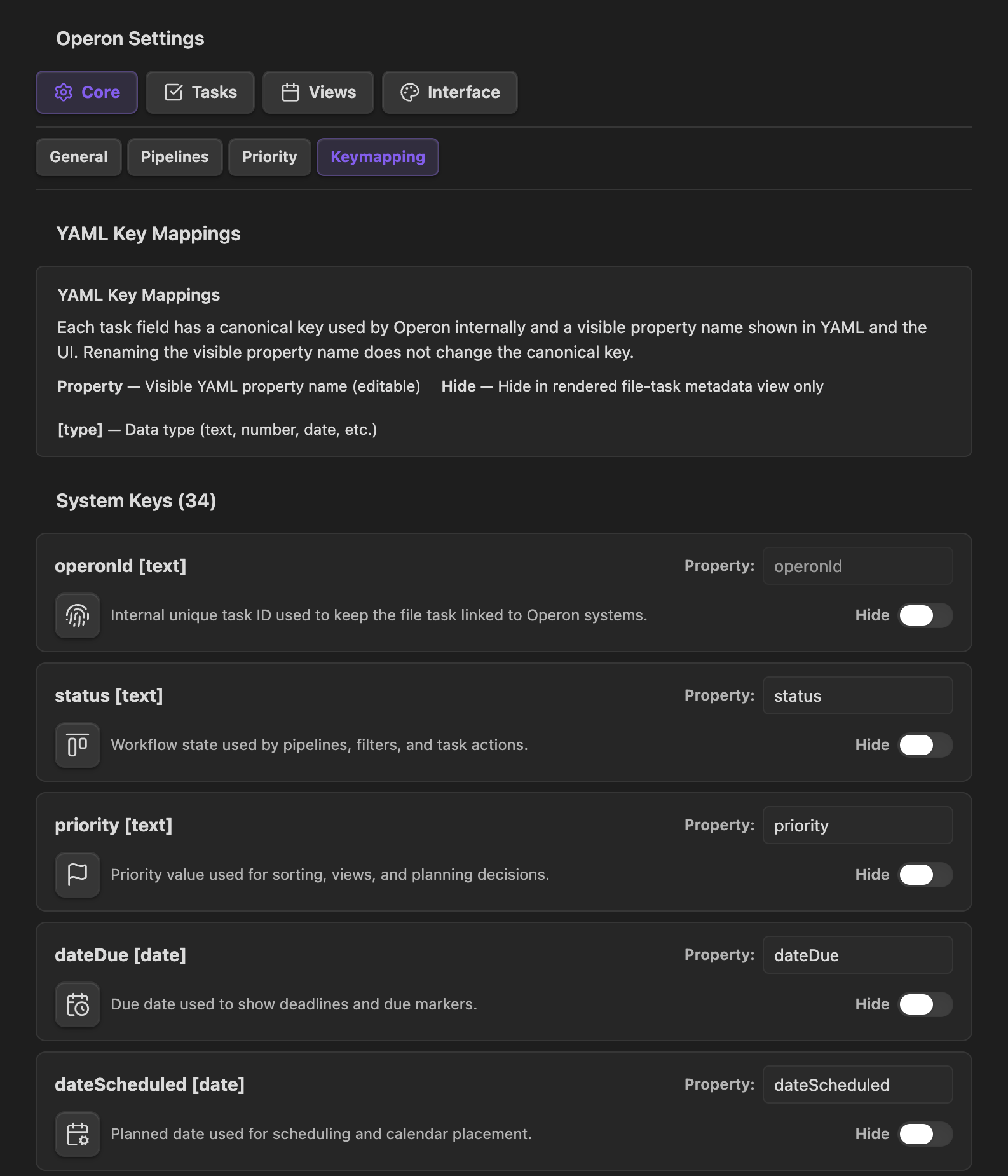 Key mappings settings showing canonical keys, visible YAML property names, field types, icons, and hidden metadata toggles