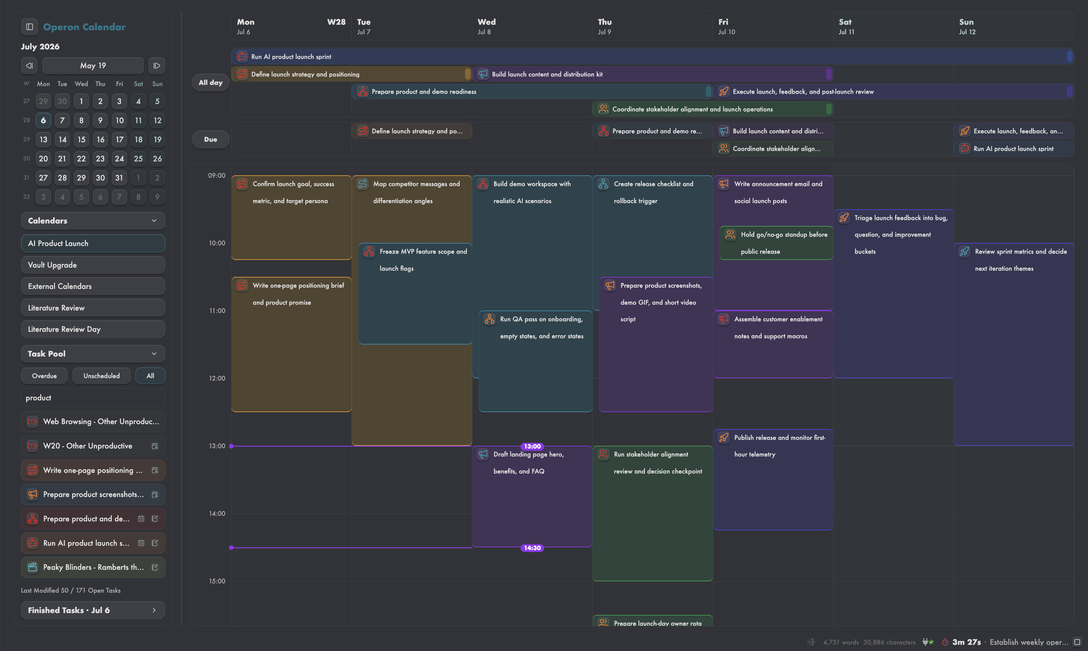 Calendar Time Grid view with Task Pool drag-and-drop scheduling and sidebar/toolbar navigation