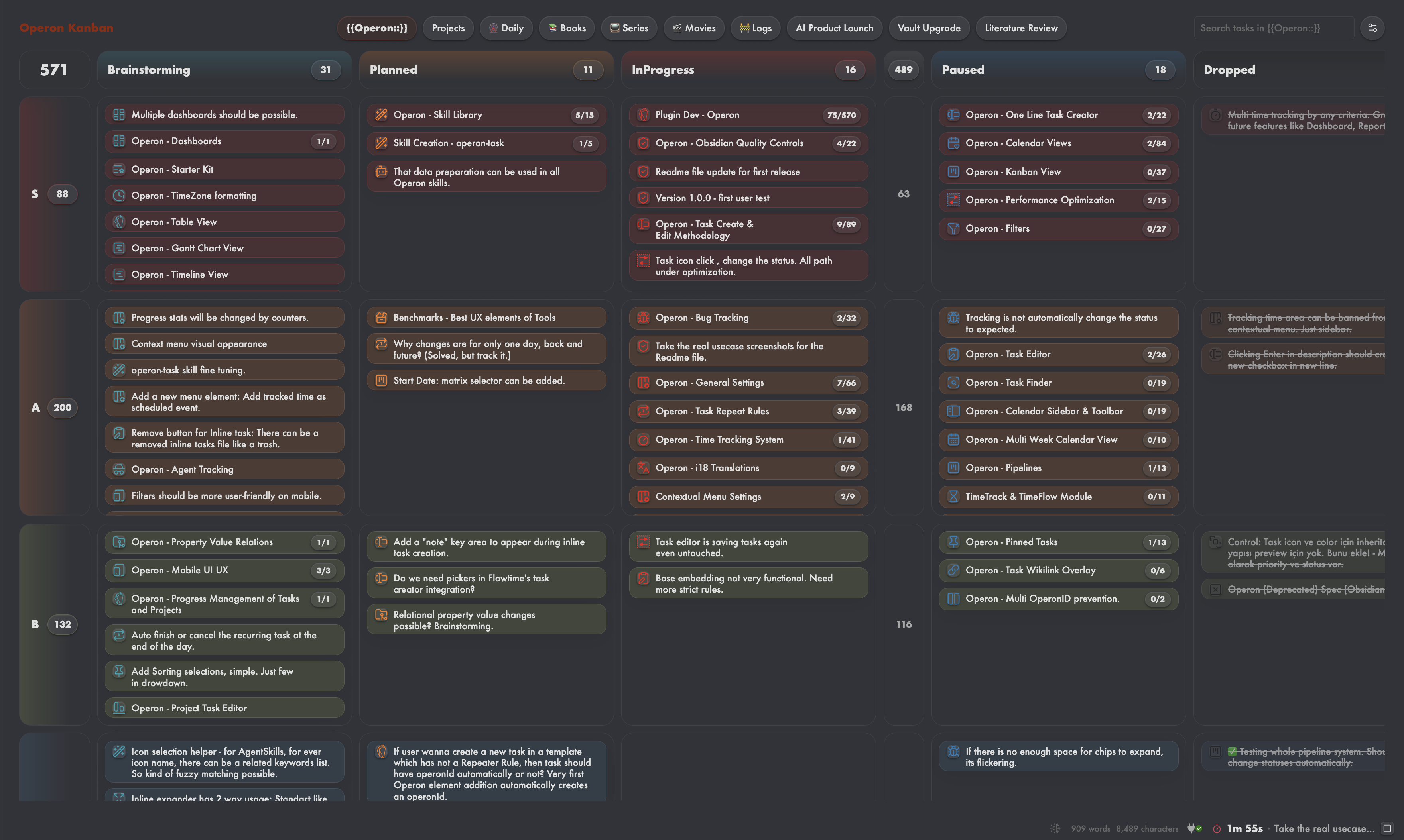 Kanban board showing custom status columns, swimlanes, and metadata-aware cards