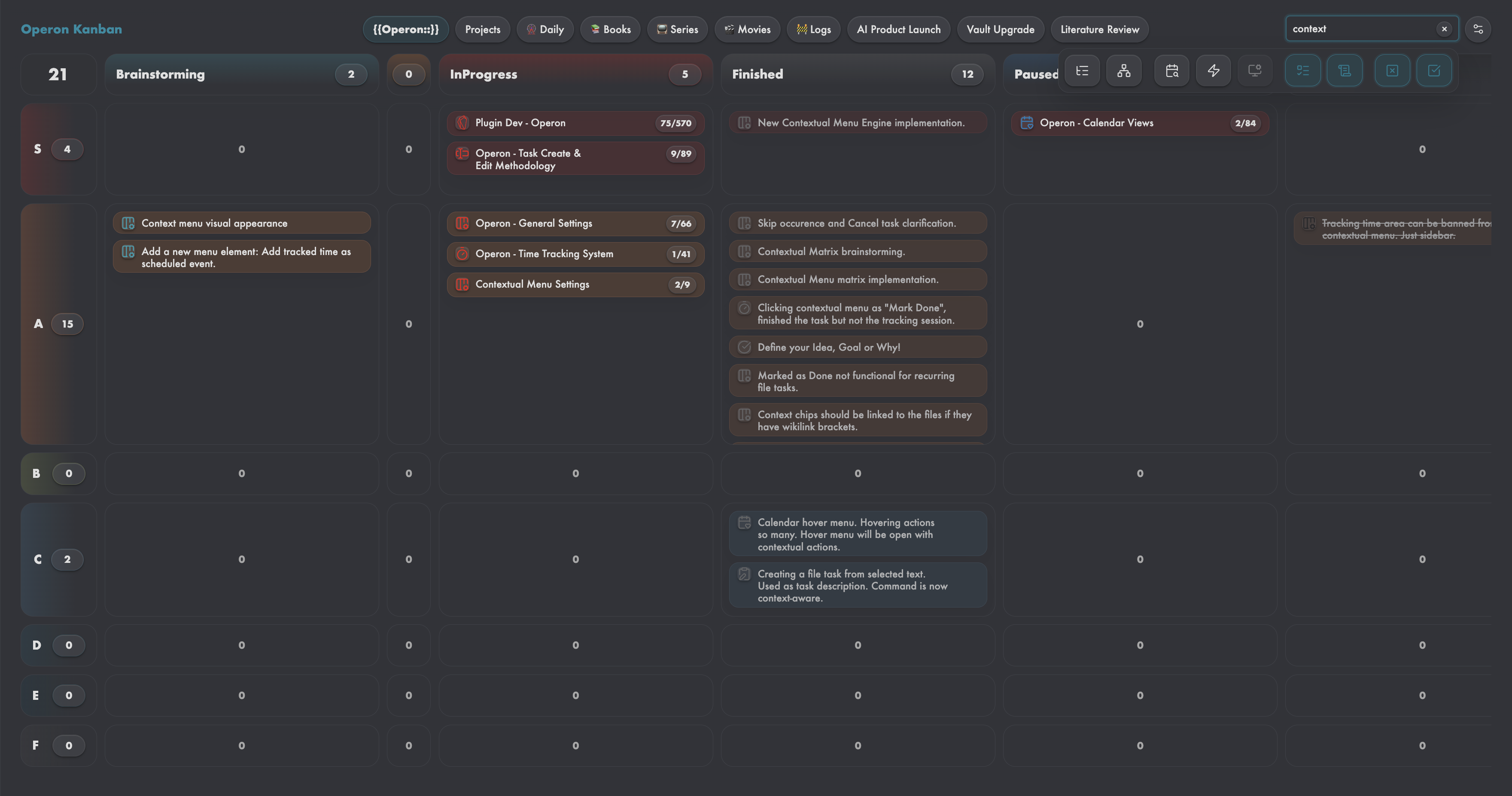 Kanban search narrowing cards in place with Task Finder style scope controls
