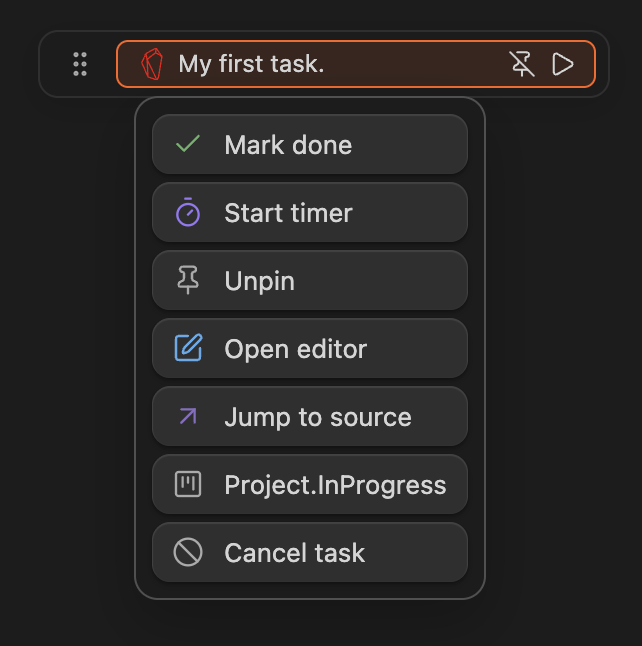 Contextual menu on a pinned task showing task actions such as mark done, start timer, open editor, jump to source, status, and cancel