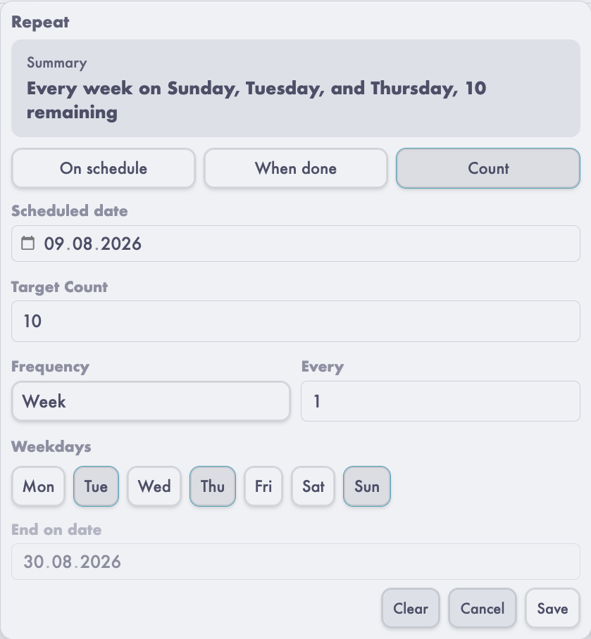 Recurrence picker showing schedule, when-done, count, frequency, weekdays, and end conditions