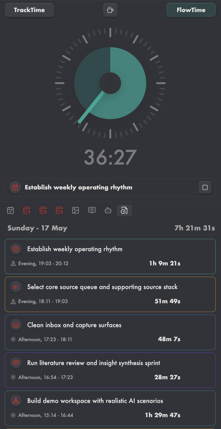 FlowTime and Time Session History showing an active timer, recorded sessions, and tracked duration