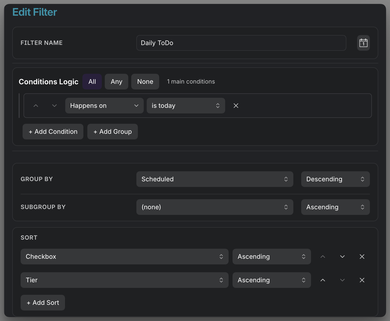 Building a filter by adding conditions, with the result list updating