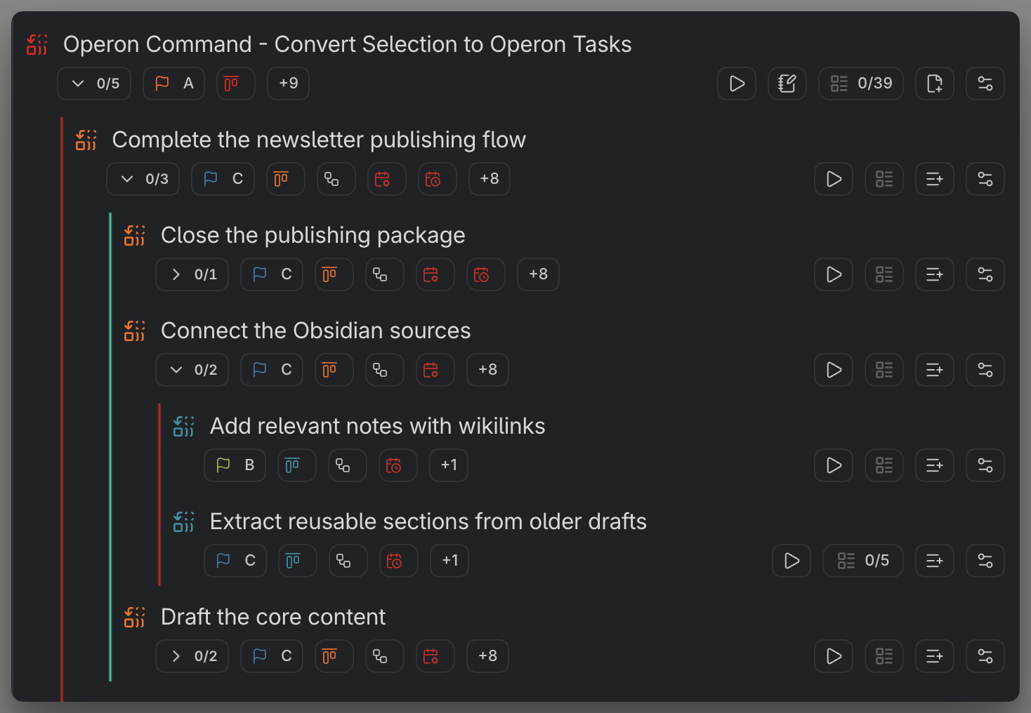 A parent task with several subtasks shown nested, with a progress rollup on the parent