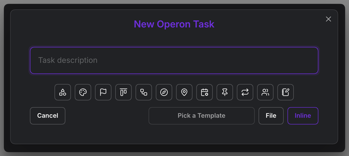 The Task Creator dialog with the title field, inline/file toggle, status, priority, and date fields