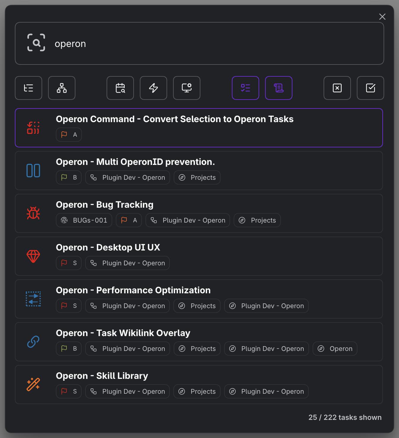Task Finder open with a search term and a list of matching tasks