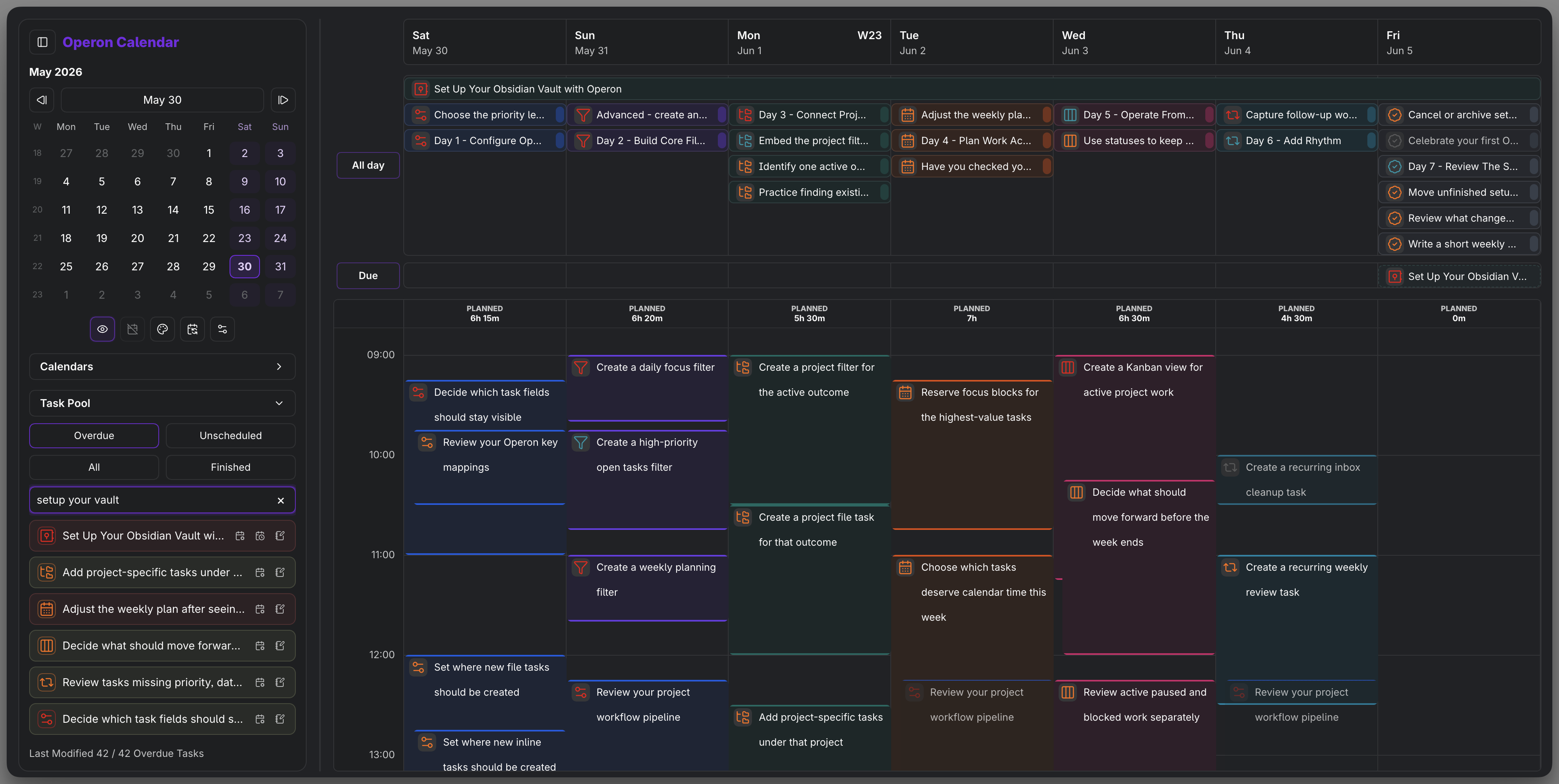 The Operon Calendar with all-day items and timed blocks across a week