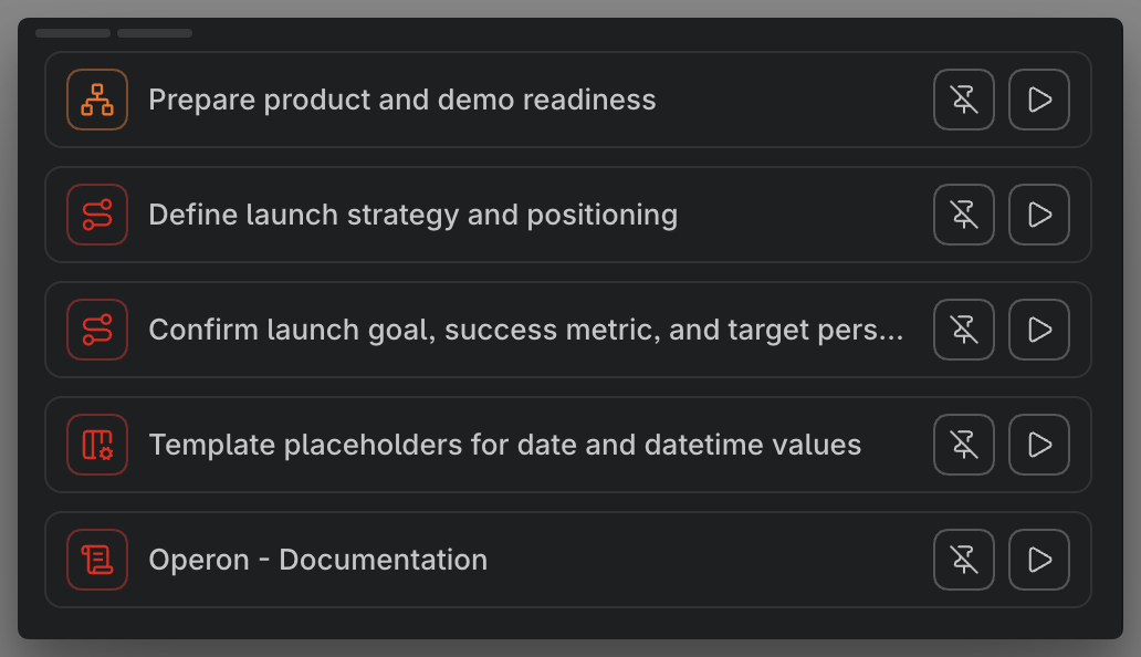Pinned tasks shown in the side panel