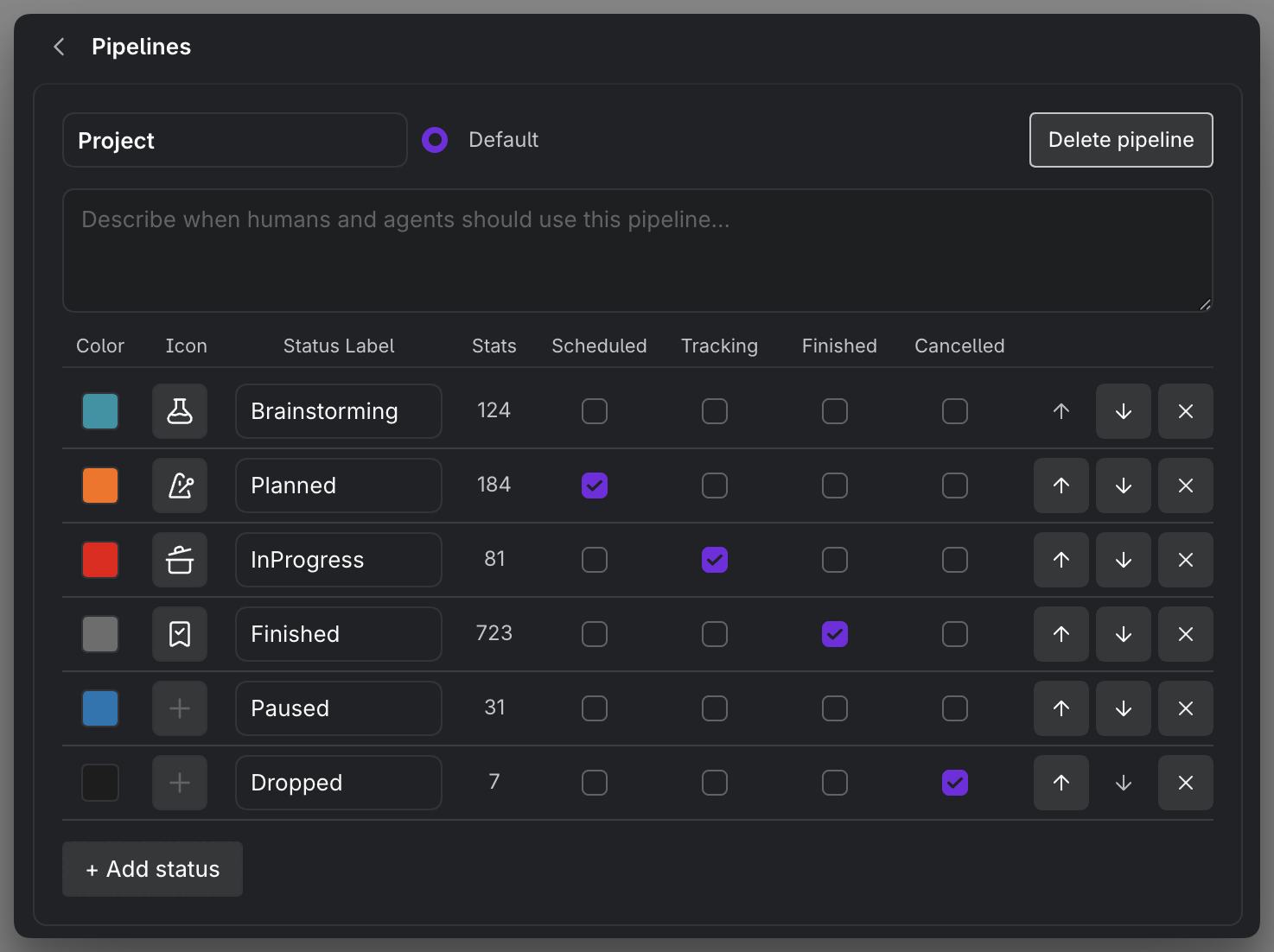 The Pipelines settings showing a pipeline and its ordered statuses with colors
