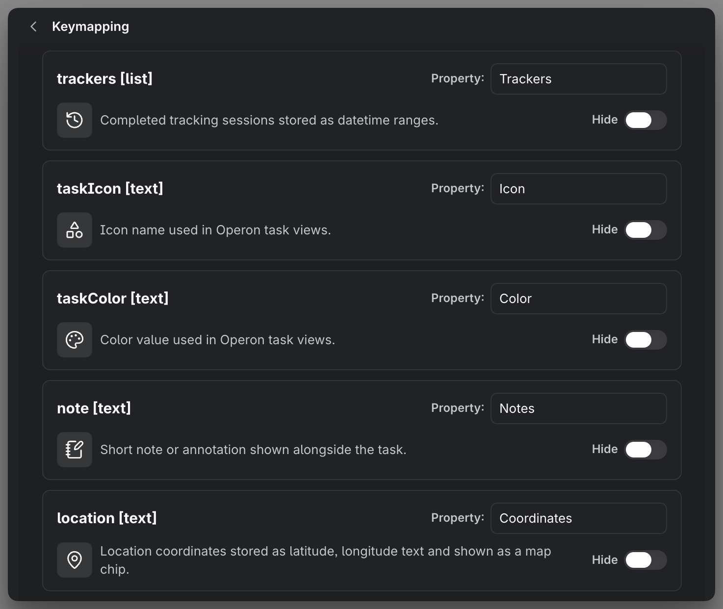 The Keymapping settings listing canonical fields beside their visible property names