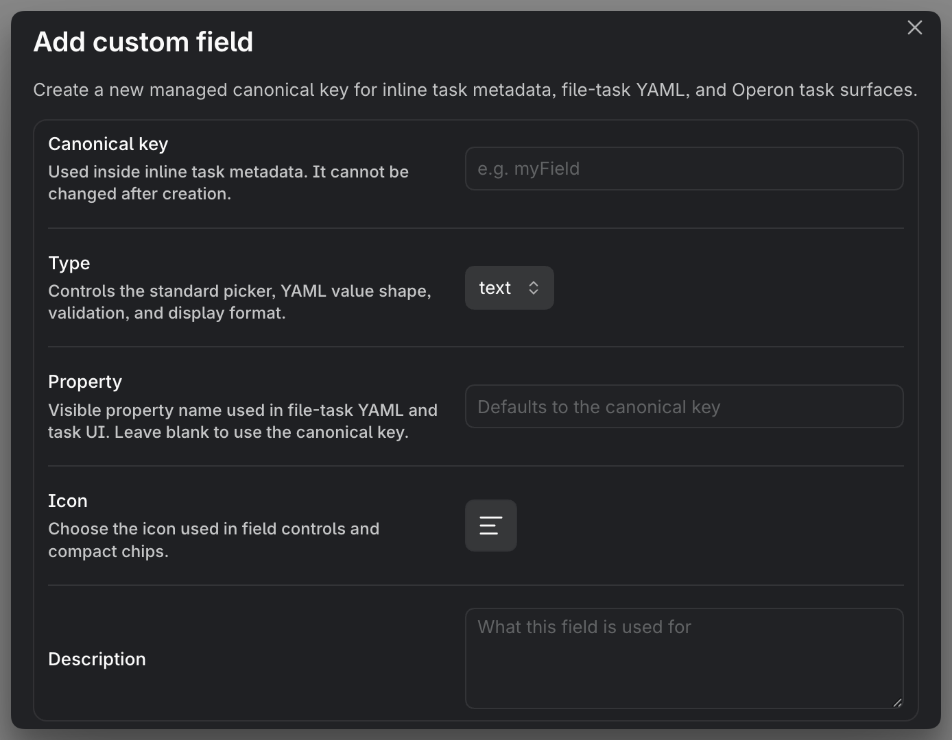 The Custom Keys settings listing user-defined fields with their types and surfaces