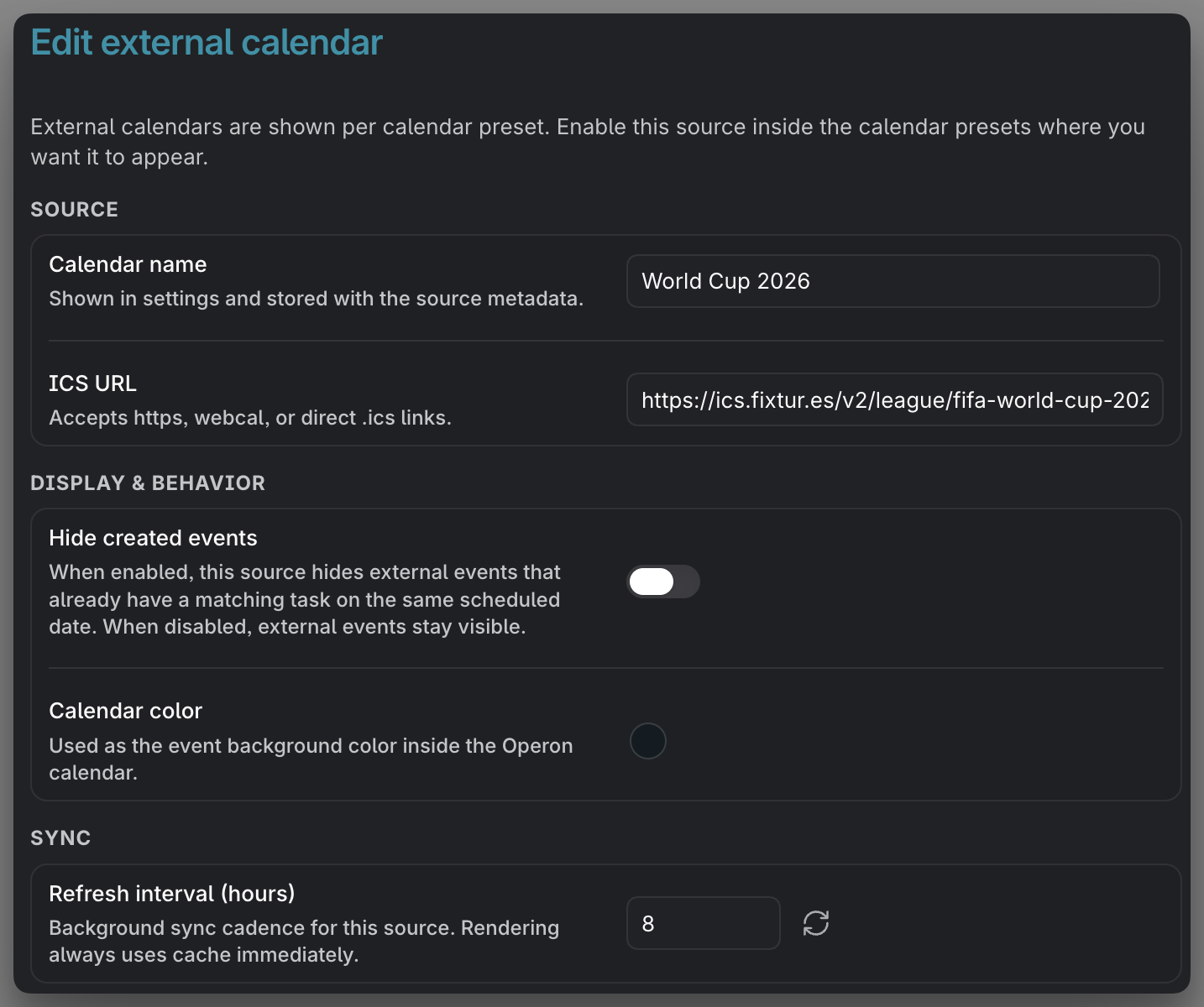 Adding an external calendar source with its ICS URL, color, and refresh interval