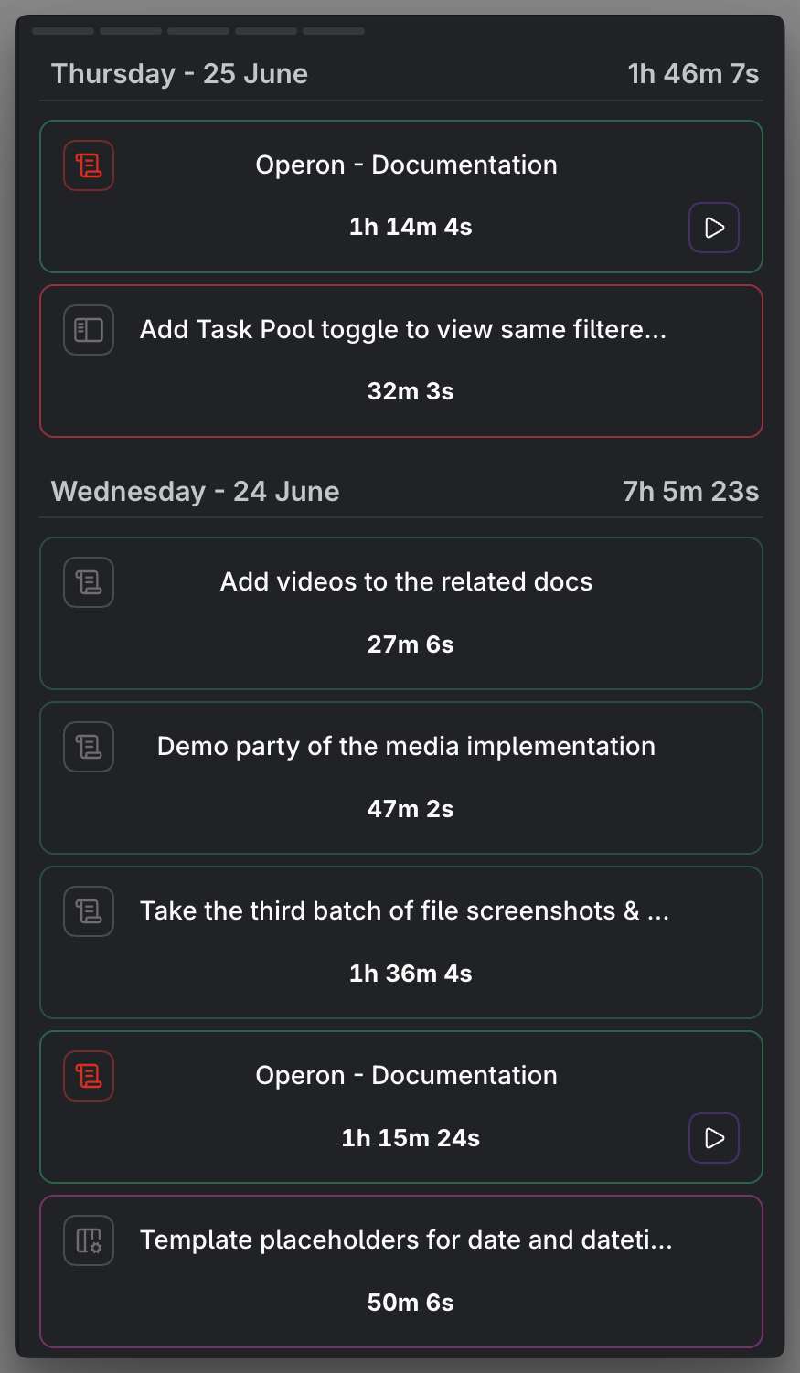 The Time Session History panel listing recent tracked sessions by day
