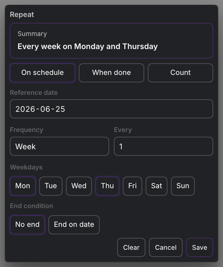 The recurrence picker with a frequency, interval, and weekday selection