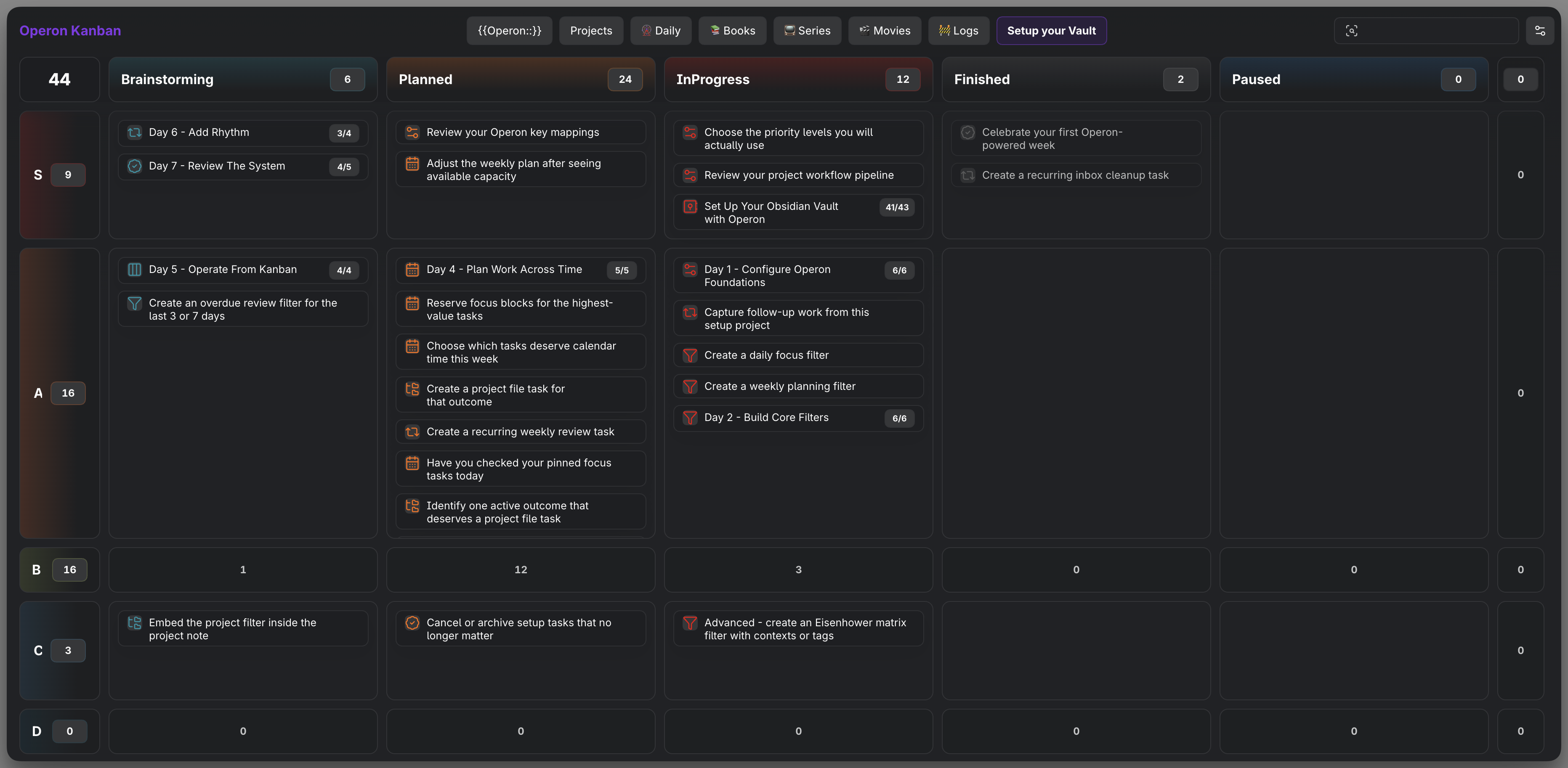 A Kanban with status columns across the top and priority swimlanes down the side