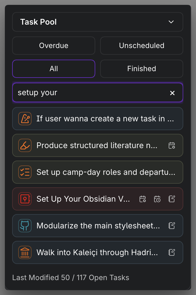 The Task Pool in the Calendar sidebar, with its mode buttons and search box